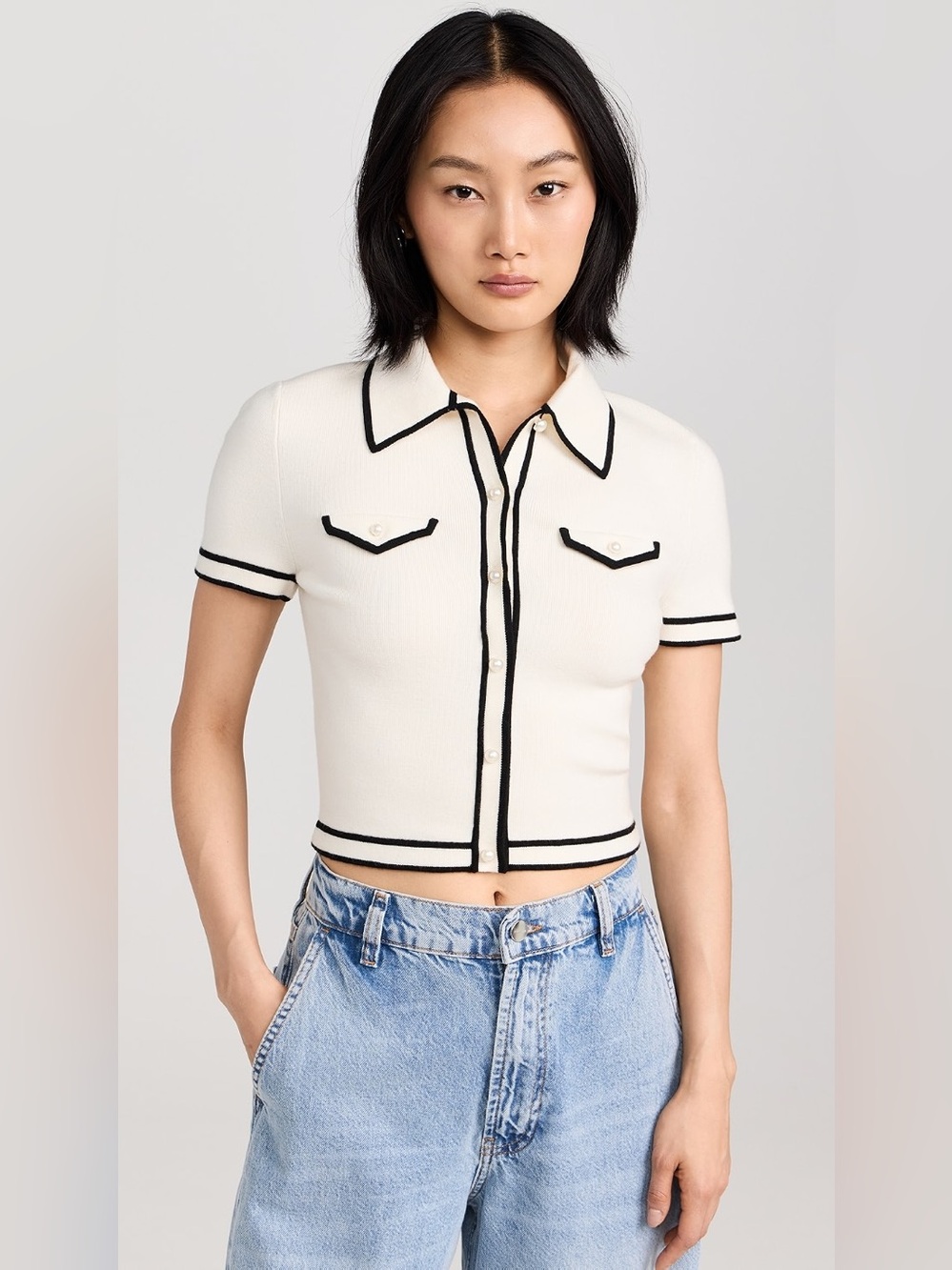 Alice + Olivia Size M Marlena Contrast Trim Knit Cropped Polo Top